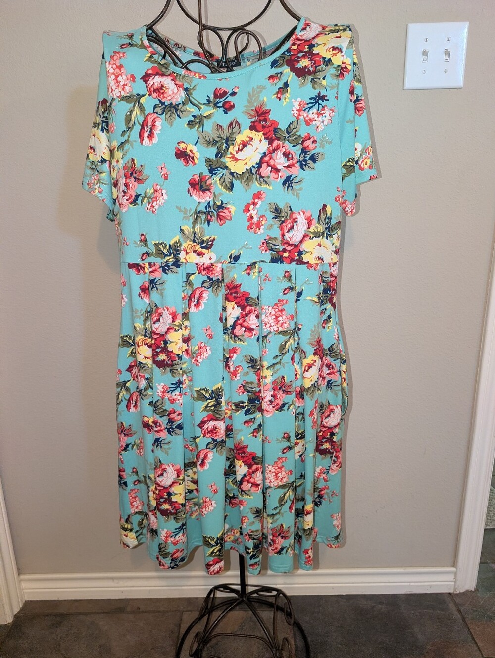 Aqua Floral Short Sleeve Fit & Flare Dress by Trailabee